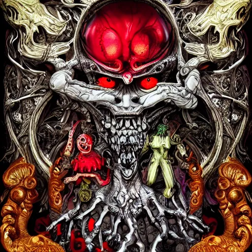 Image similar to the seven deadly sins, horror art, grotesque, zbrush art, majestic, silver filigree, colorful, dark fantasy, celtic knot, anatomical, h r giger style, frank frazetta, ornate, art nouveau, symmetrical, turquoise jewelry, red smoke insanely detailed and intricate, hypermaximalist, elegant, ornate, hyper realistic, super detailed