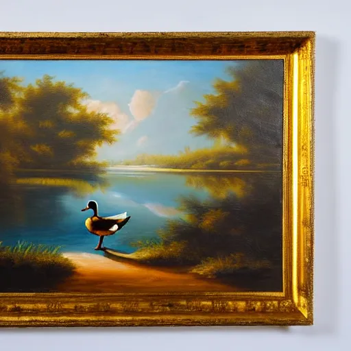 Image similar to A highly detailed oil painting of a duck walking towards a lake filled with pure gold instead of water