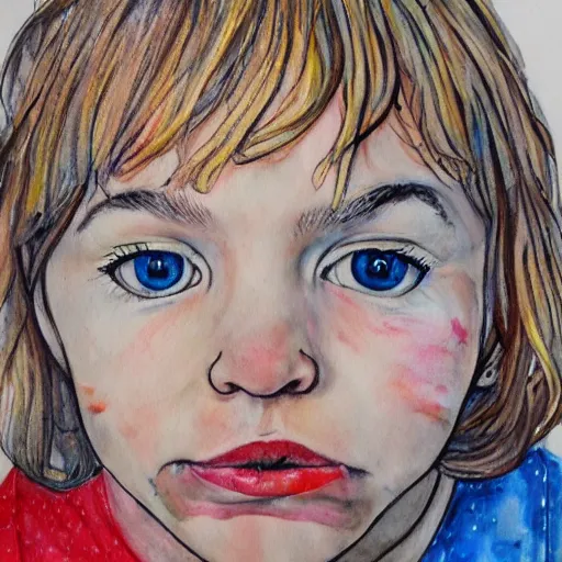 Image similar to of accurate and realistic representation of a close up portrait of a cute blue eyed blond hair boy. colored paints and colored inks on vellum.