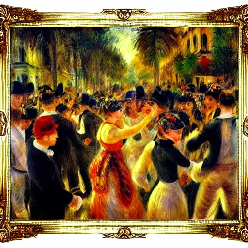 Prompt: impressionist drawing by renoir of a strobo lights disco party in the streets of an old south italy town, many young people dancing, art nouveau frame, high definition,