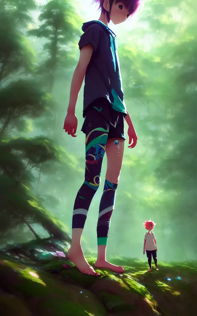 Image similar to a beautiful fullbody portrait of a cute anime boy wearing sport clothing and leggings under shorts barefoot in a forest. character design by cory loftis, fenghua zhong, ryohei hase, ismail inceoglu and ruan jia. artstation, volumetric light, detailed, photorealistic, fantasy, rendered in octane