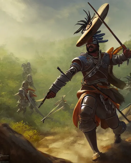 Image similar to ultrarealistic illustration of a spanish conquistador in battle, symmetrical, by daniel zrom and mingchen shen, studio ghibli color scheme, detailed, handsome, anatomy, sharp focus, photography, magic : the gathering, octane, cinematic lighting, facial features, jungle