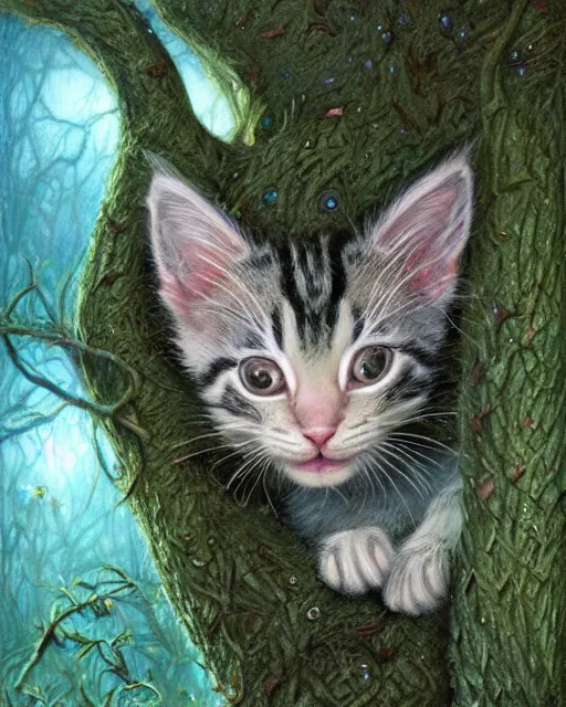 Prompt: an adorable cheshire kitten asleep in a tree | highly detailed | very intricate | symmetrical | whimsical and magical | soft cinematic lighting | award - winning | closeup portrait | wonderland | painted by donato giancola and paul lehr and ross tran | pastel color palette | featured on artstation