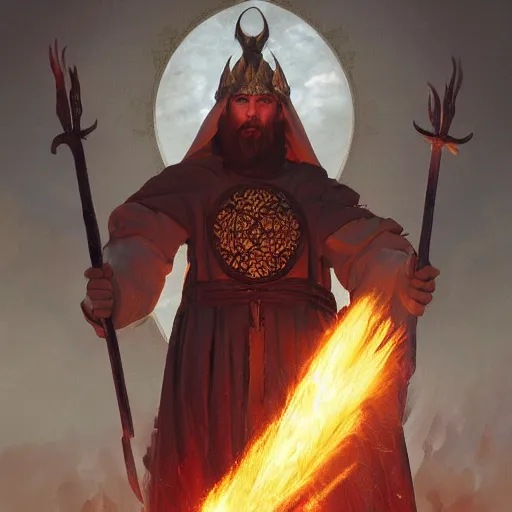 Prompt: ram horned catholic medieval monk like half-lamb brings fire down from the sky, medieval style, trending on artstation, highly detailed, digital painting, volumetric light, concept art, sharp focus, illustration, art by greg rutkowski and alphonse mucha