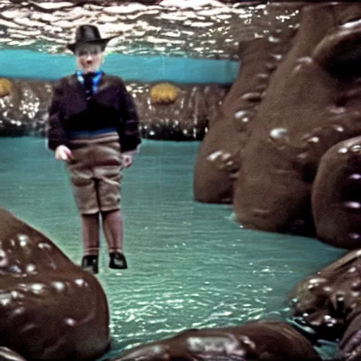Image similar to grainy security cam footage still of Augustus Gloop in the chocolate river, movie still from Willy Wonka and his Chocolate Factory, extreme wide angle