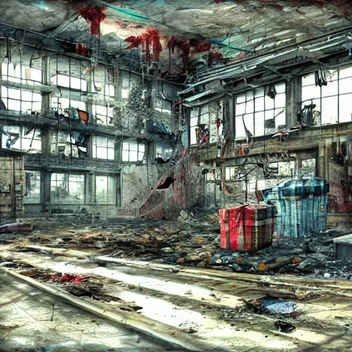 Prompt: santa's abandoned factory. cyberpunk. apocalyptic. sadness. mess. disorder. santa claus hat. abandoned gifts. water leaks. broken tiles. broken objects. high quality. high fidelity. digital art.