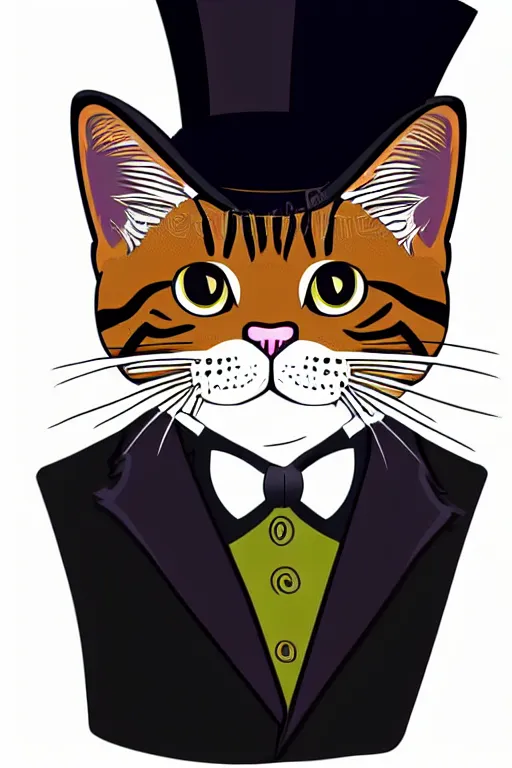 Image similar to A portrait of a cat wearing a top hat, sticker, colorful, illustration, highly detailed, smooth and clean vector curves, no jagged lines, vector art, smooth