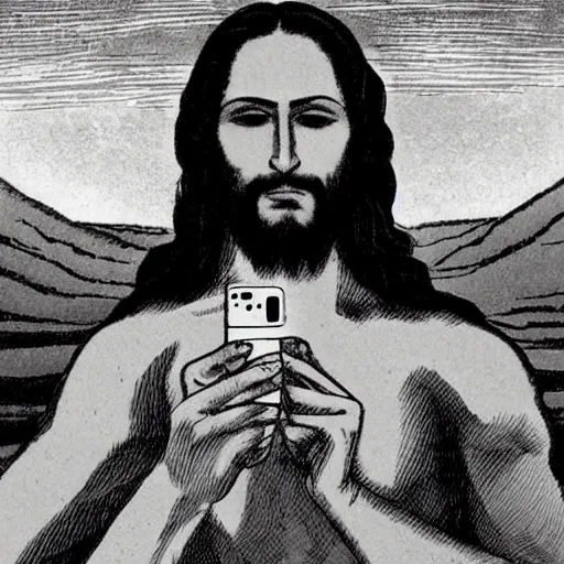 Image similar to jesus taking a selfie in hell