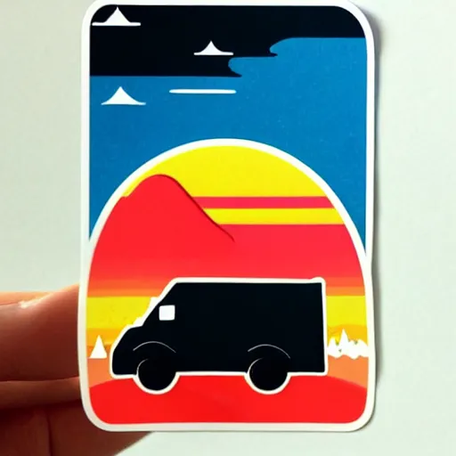 Image similar to sticker of a white and black cute thor chateau! motorhome camper!!, mountains, colorful sunset!!, stencil, sticker!! by tom whalen