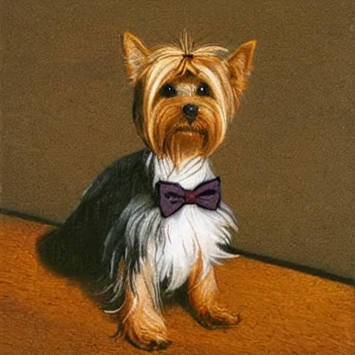 Image similar to a Yorkshire terrier at a bar wearing a bow tie, extremely detailed masterpiece, illustration, by Michael Sowa,