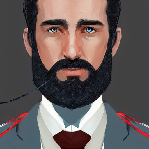 Image similar to portrait of a Germanic man with a beard and pilot’s suit, D&D, sci-fi, elegant, hopeful, muscular, highly detailed, digital painting, artstation, concept art, smooth, sharp focus, illustration