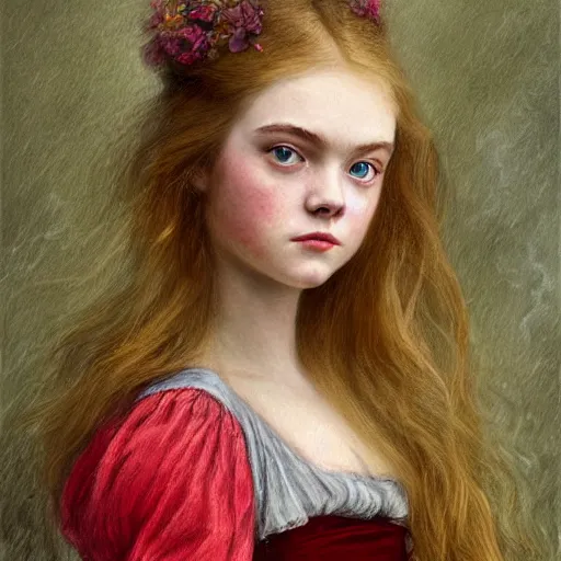 Prompt: Elle Fanning in the style of Sophie Anderson, head and shoulders portrait, stormy weather, extremely detailed masterpiece,