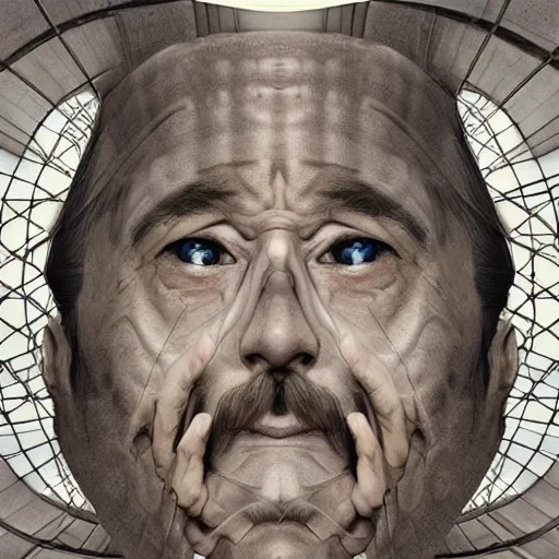 Image similar to an HD beautiful composition of deeply moving genius, flawless and incredible facial portraiture, depicting Father Time who has two faces and is regarding himself as if in the mirror; wondrous futuristic digital paint, by M. C. Escher S 572670079