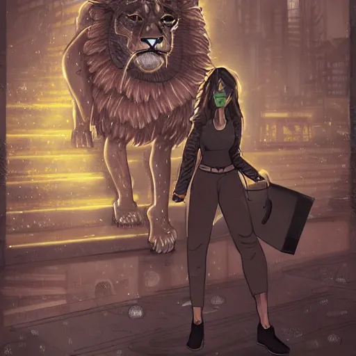 Image similar to beautiful commissioned artwork of an anthropomorphic lion woman walking through the seedy part of a futuristic city, rain, night, moody, urban, trending on furaffinity