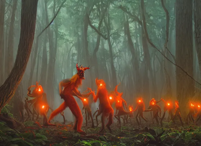 Image similar to dozens of orange safety cones are spread around a beautiful strange forest, a man in a hairy gorrilla costume sri lankan mahasona yaka devil beast in a mask dances in ritual in the center distance, cinematic painting by james jean, atomspheric lighting, moody lighting, dappled light, detailed, digital art, limited color palette, wes anderson, artstation