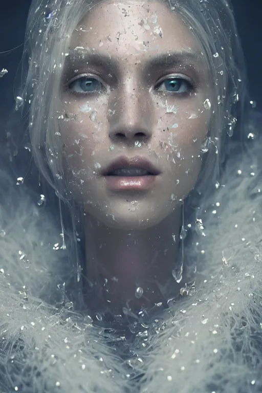 Image similar to A fancy portrait of a women with a crystal covered face by Greg Rutkowski, beeple, Sung Choi, Mitchell Mohrhauser, Maciej Kuciara, Johnson Ting, Maxim Verehin, Peter Konig, final fantasy, macro lens, 35mm, 8k photorealistic, cinematic lighting, HD, high details, dramatic, dark atmosphere, trending on artstation