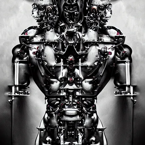 Image similar to the blasphemous caricature of the human body, cyborg, hyperealistic detailed photography, divinity, awful, religious art, cyberpunk