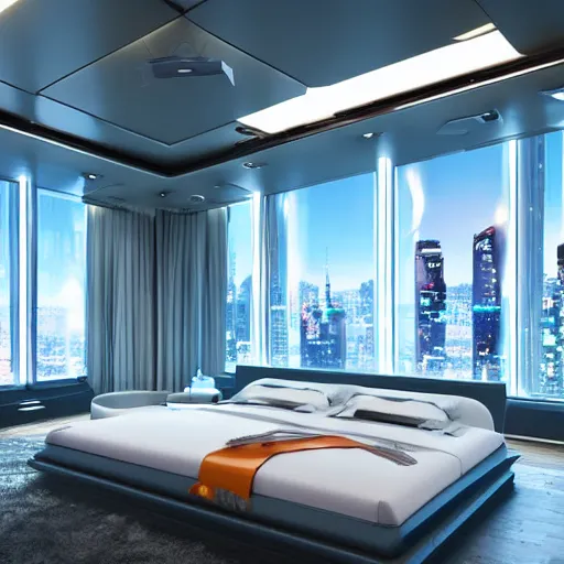 Image similar to a futuristic luxury white bedroom with ceiling high windows looking out to a cyberpunk cityscape with flying cars, night time, neon lights, cinematic 3d render