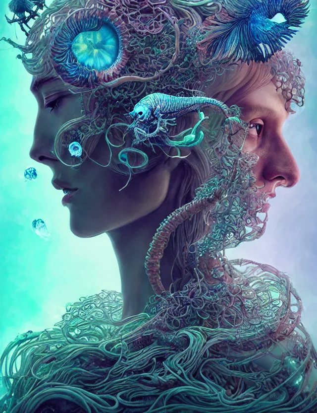 Image similar to goddess close - up portrait wigh crown made of ram skull. betta fish, jellyfish skeleton phoenix, bioluminiscent, plasma, ice, water, wind, creature, super intricate ornaments artwork by tooth wu and wlop and beeple and greg rutkowski