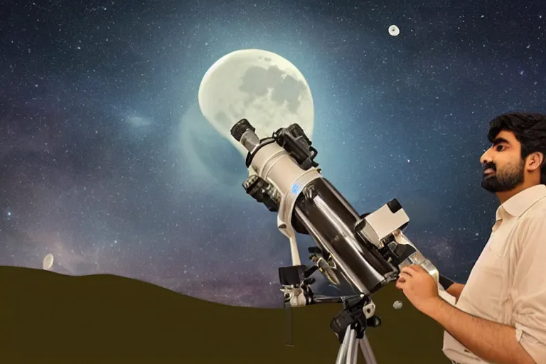 Image similar to Pakistani alpha as astronomy teacher, telescope, moon, clear skies, starry skies, realism realistic