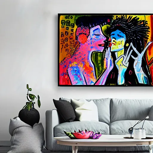 Image similar to acrylic painting of two bizarre psychedelic goth women kissing in japan in spring, speculative evolution, mixed media collage by basquiat and jackson pollock, maximalist magazine collage art, sapphic art, psychedelic illustration