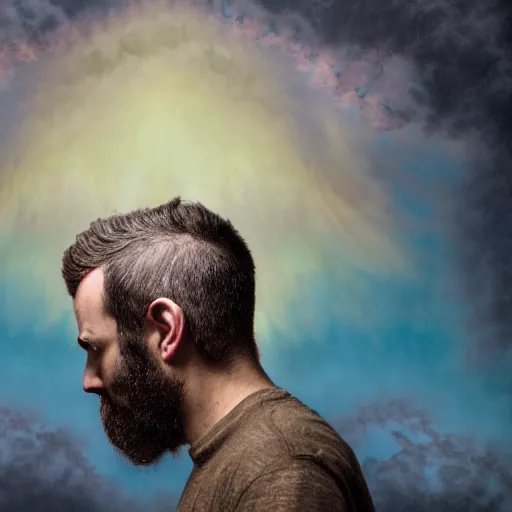 Prompt: dramatic matte portrait painting of man with black mandelbrot fractal instead of face