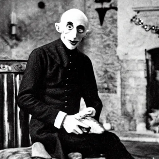 Image similar to count orlok sitting cross - legged by the christmas tree, excitedly opening presents, photograph