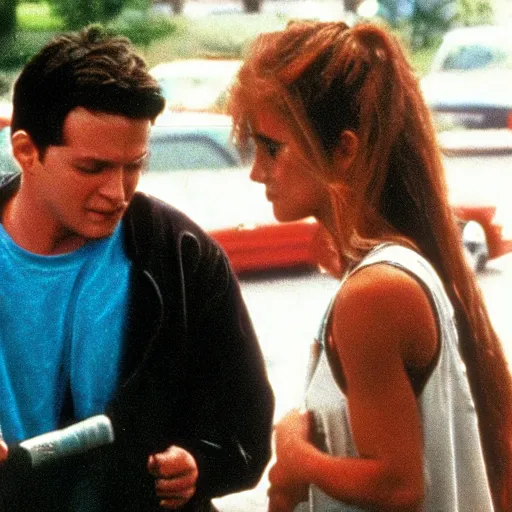 Prompt: a scene from the 1 9 9 5 tv show'my so - called life'where angela chase slashes jordan's car tires because he cheated on her with brian. professional film