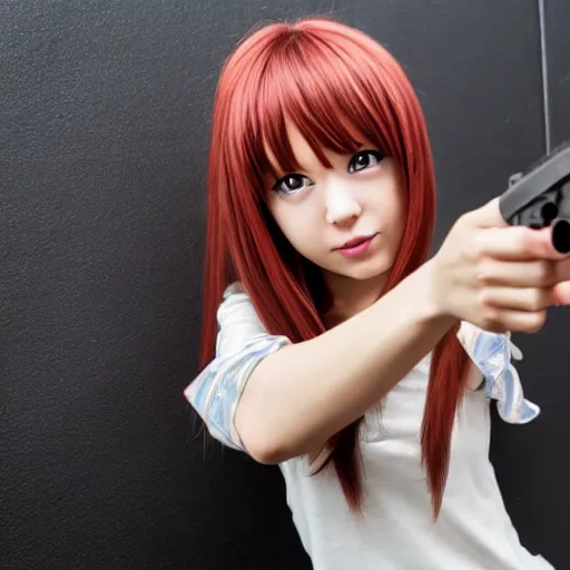 Image similar to anime girl pointing a gun at the camera