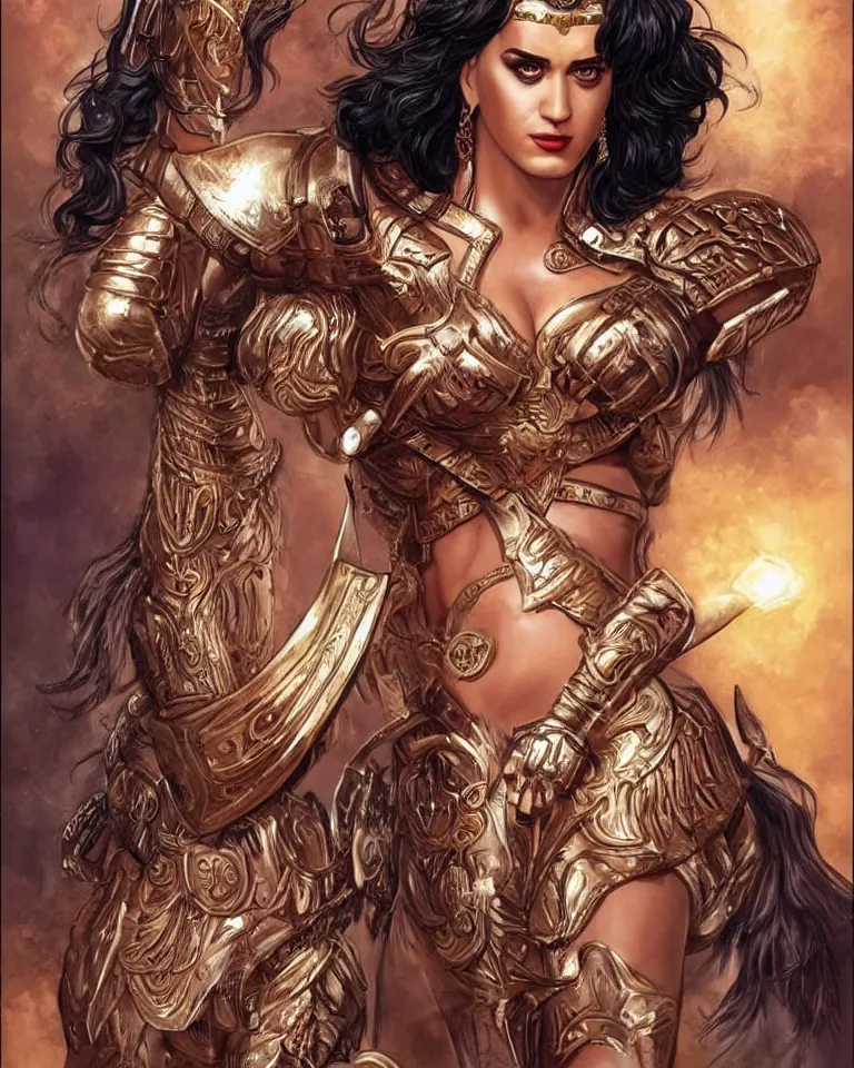 Image similar to katy perry as an amazon warrior, a tall beautiful woman with brown skin and long hair, dressed in hellenistic body armor, intricate, elegant, highly detailed, smooth, sharp focus, detailed face, art by ardian syaf