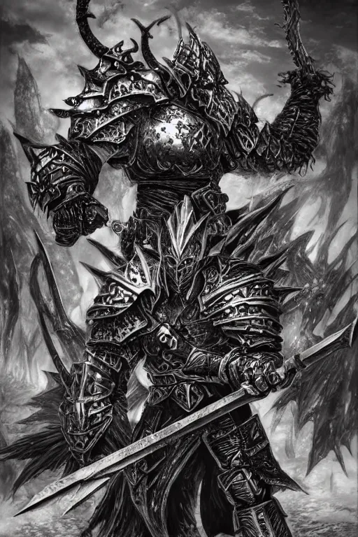 Image similar to chaos warrior, fantasy, warhammer, highly detailed, digital art, sharp focus, trending on art station, kentaro miura manga art style