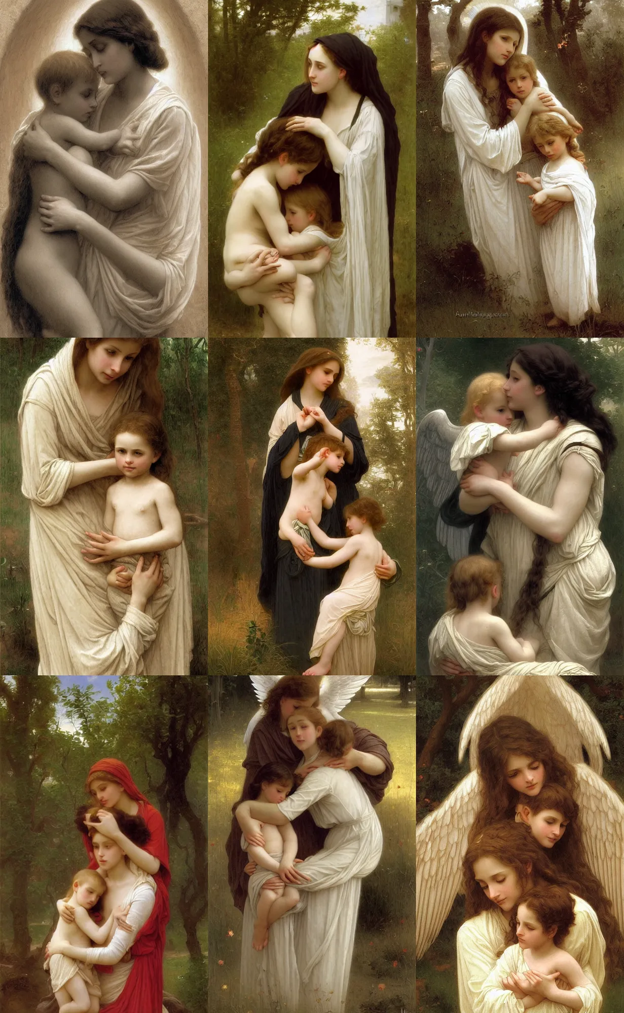 Prompt: angelic and beautiful young woman sheltering a child, innocent, maternal, protective, highly detailed, concept art, intricate, sharp focus, einar jonsson and bouguereau