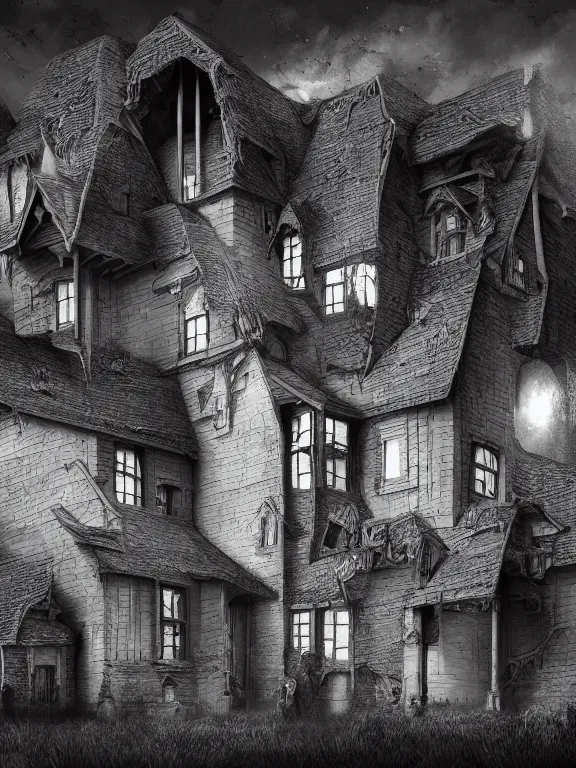 Image similar to a beautiful hyper realistic detailed matte painting of the old owl, a strange being haunting this house from a forgotten time, dramatic lighting, dynamic lighting, cinematic lighting, by maurits cornelis escher, black and white, featured on artstation