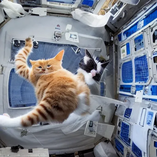 Prompt: Photo of cats floating inside the ISS