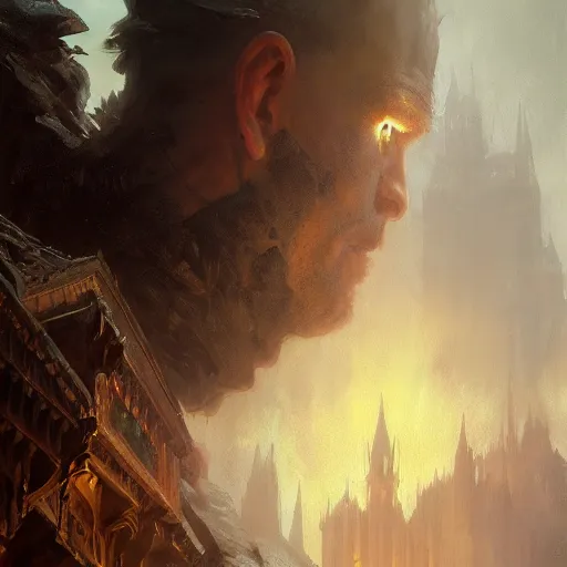 Image similar to closeup portrait of a dungeons and dragons character, dramatic lighting, castle background, gorgeous view, realistic, high detail, depth of field, lightrays, atmospheric, digital art, painted by greg rutkowski, painted by jeremy mann, painted by alphonse mucha, trending on artstation