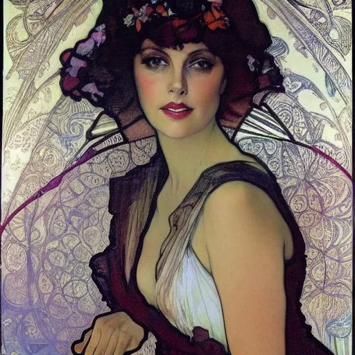 Image similar to charlize theron by alfons mucha.