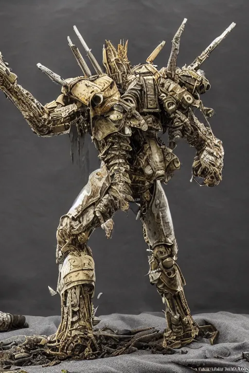 Image similar to photo taken of an epic intricate, ultra detailed, super realistic gritty, hero prop, exquisitely weathered armoured hazardsuit movie props, created by weta workshop, full body shot, photorealistic, sharp focus, white wall, cold colour temperture, golden ratio