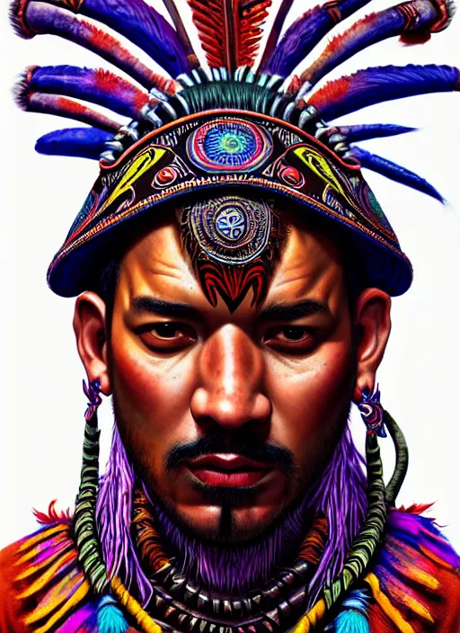 Image similar to portrait of laz alonso, hyper detailed ultra sharp aztec shaman warrior. trending on artstation, warpaint aesthetic, bloodwave, colorful, psychedelic, ornate, intricate, digital painting, concept art, smooth, sharp focus, illustration, art by artgerm and greg rutkowski and h. r. giger, 8 k