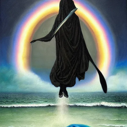 Prompt: a hyper realistic painting of the grim reaper standing on the back of a dolphin that is jumping over a rainbow, by james c christensen and santiago caruso,