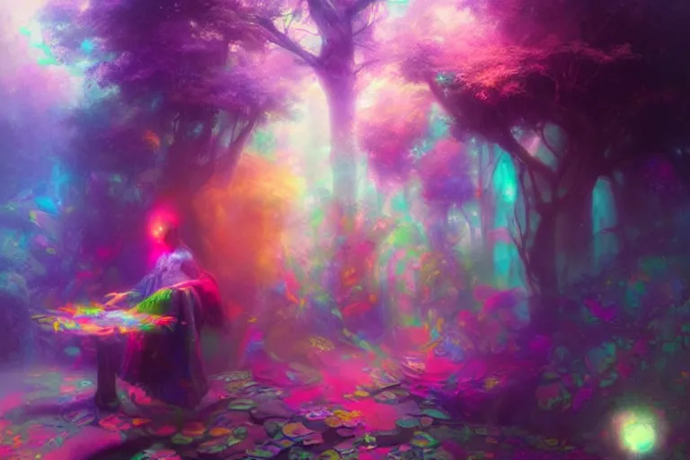 Prompt: a psychedelic realm hidden away in a pocket of ethereal understanding | astral beings sharing love greg rutkowski wlop lisa frank bob ross | ruan jia | illustration