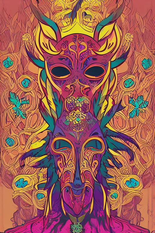 Image similar to animal mask totem roots flower tribal feather gemstone plant wood rock shaman vodoo video game vector cutout illustration vivid multicolor borderlands comics by josan gonzales and dan mumford radiating a glowing aura