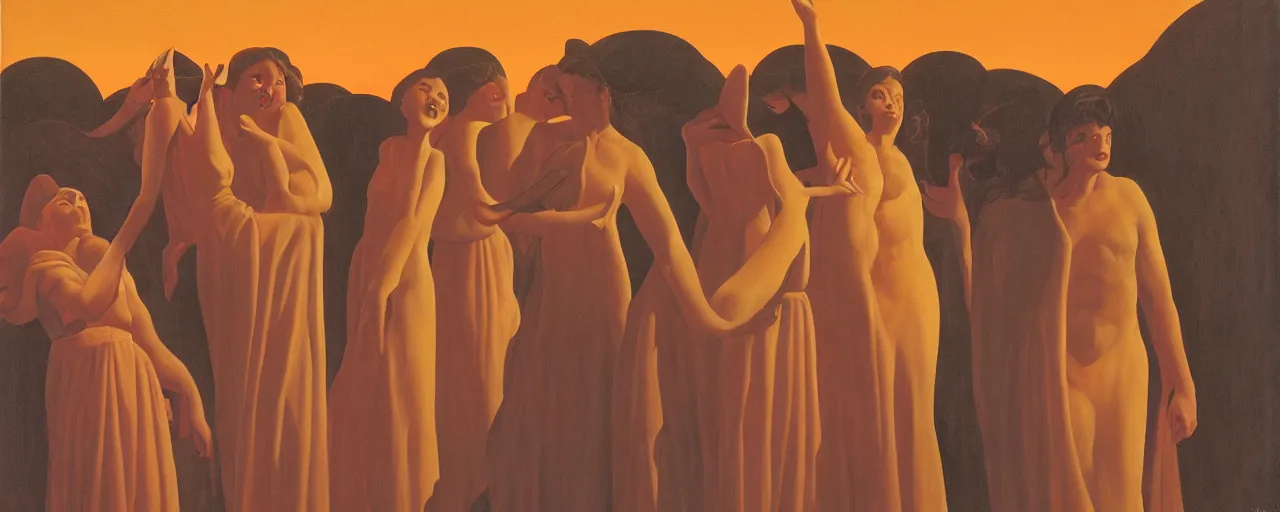 Image similar to Paradise, Soul-eating angels satisfy their hunger, sunset lighting, in the style of George Tooker