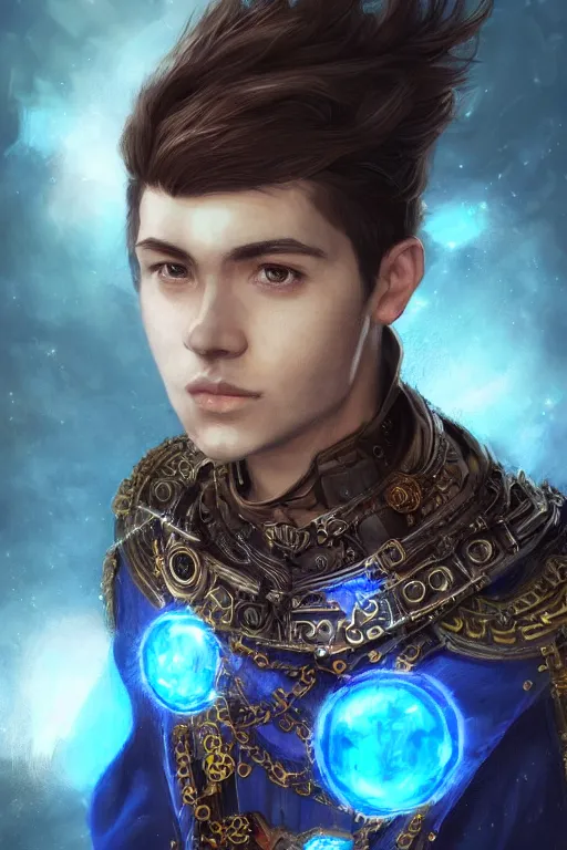 Image similar to beautiful portrait of a handsome young male wizard wearing a fancy blue tunic, l medallion!! around neck, art by wlop and artgerm, steampunk fiction, detailed eyes, long dark brown hair in ponytail!!!, space background, artstation, sharp focus, illustration, caustics, octane render, 4 k, radiant light