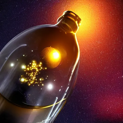 Image similar to a octane render of a a distant universe inside a bottle, close - up studio photo, studio lighting, path traced, highly detailed, high quality, hyperrealistic, concept art, digital art, trending on artstation, cinematic, high coherence, epic scene, 8 k hdr, high contrast,