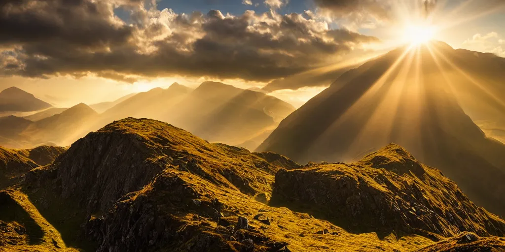 Prompt: Crib Goch!!!!!!!!!!! ridge, rays, epic, cinematic, photograph, atmospheric, god-rays, national geographic, dawn, golden hour, sunrise, sky, clouds, grass, autumn