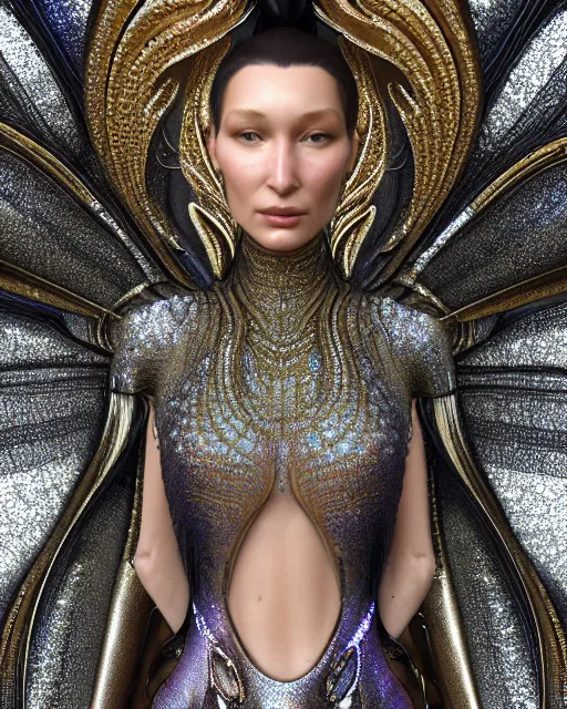 Image similar to a highly detailed metahuman 4 k close up render of an alien goddess bella hadid monument dragonfly in iris van herpen dress schiaparelli in diamonds crystals swarovski and jewelry iridescent in style of alphonse mucha gustav klimt trending on artstation made in unreal engine 4