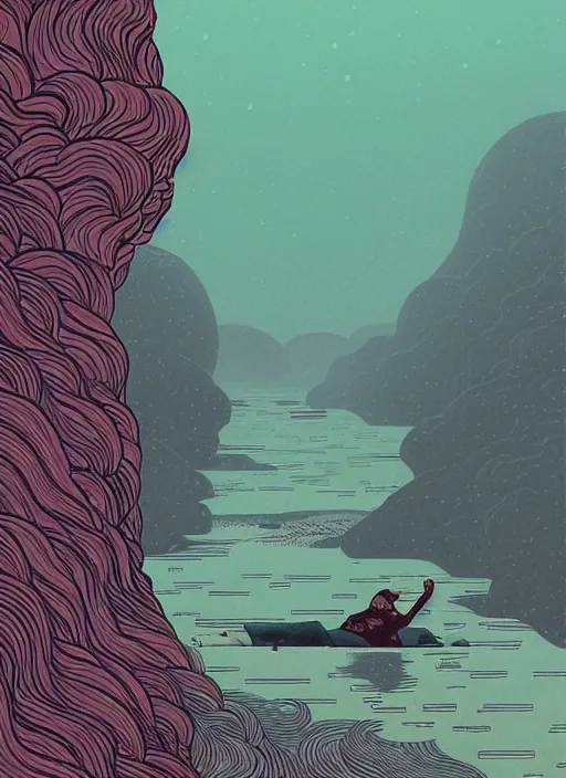 Image similar to nezha killed himself by the river, the storm by ilya kuvshinov and victo ngai