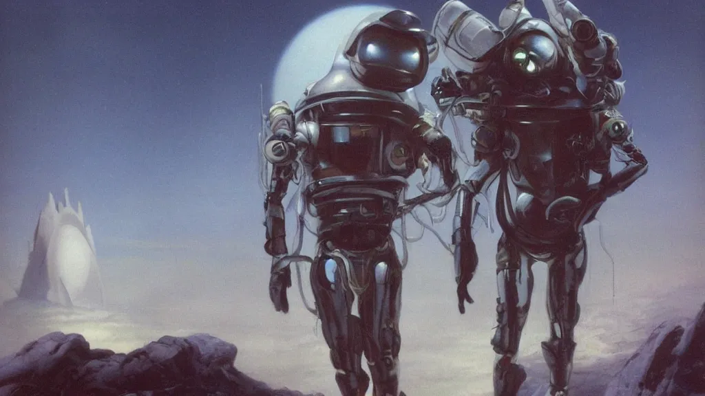 Image similar to futuristic organic spacesuit design by john schoenherr and jim burns, epic cinematic matte painting