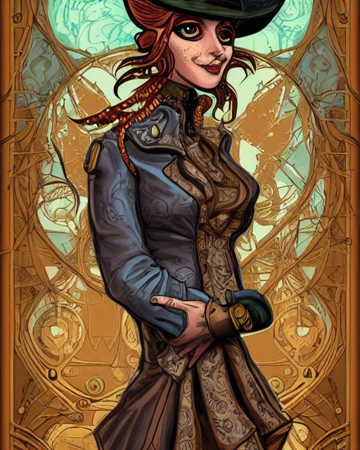 Prompt: a detailed portrait illustration of an anthropomorphic steampunk tech - sorcerer fox, ginger. art nouveau, pop art, comic book style. influenced by neil gaiman, h. p. lovecraft, dan mumford, brian froud, heade, killian eng, ross tran.