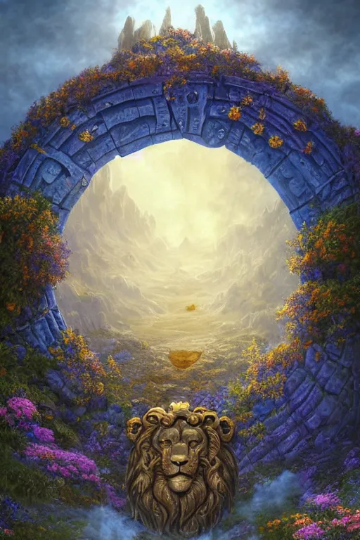 Image similar to A giant medieval fantasy blue energy portal gate with a rusty gold carved lion face at the center of it, the portal takes you to another world, full of colorful flowers on the lost Vibes and mountains in the background, spring, delicate fog, sea breeze rises in the air, by andreas rocha and john howe, and Martin Johnson Heade, featured on artstation, featured on behance, golden ratio, ultrawide angle, f32, well composed, rule of thirds, center spotlight, low angle view